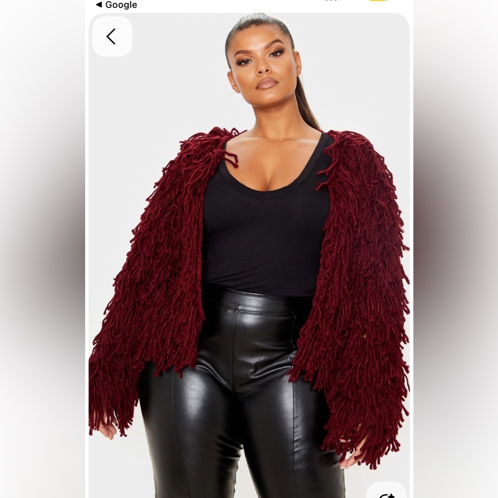Plus Burgundy Shaggy Knit Cropped Cardigan